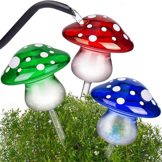 NiHome Glass Mushroom Plant Self Watering Globe Set of 3 Colors, Durable Hand-Blown Glass Bulbs Automatic Home Plant Hydration System for up to 3 Weeks, Easy Refill Design with Adjustable Flow Rate