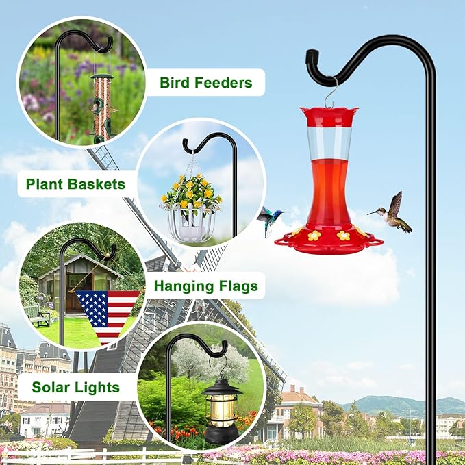 FEED GARDEN Shepards Hooks for Outdoor Bird Feeder Pole 60 Inch Adjustable Tall Heavy Duty Shepherds Hooks for Hanging Plant Baskets, Solar Lights, Wedding Decor, Lanterns, Black (2 Pack)