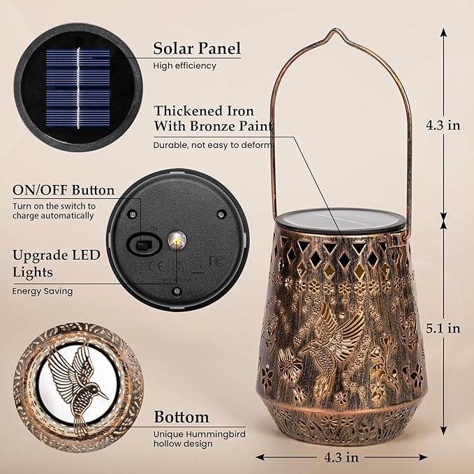 Solar Lanterns Outdoor Decor Waterproof,Hummingbird Hanging Gifts for Women, Mom, Solar Garden Lights Metal Decoration for Outside,Yard, Patio,Garden,Porch,Pool