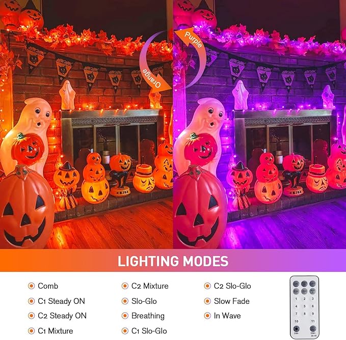 JMEXSUSS 100 LED Orange & Purple Halloween Lights - Plug in, Connectable Color Changing String Lights, 33ft Indoor/Outdoor for Halloween Party Decor & Christmas