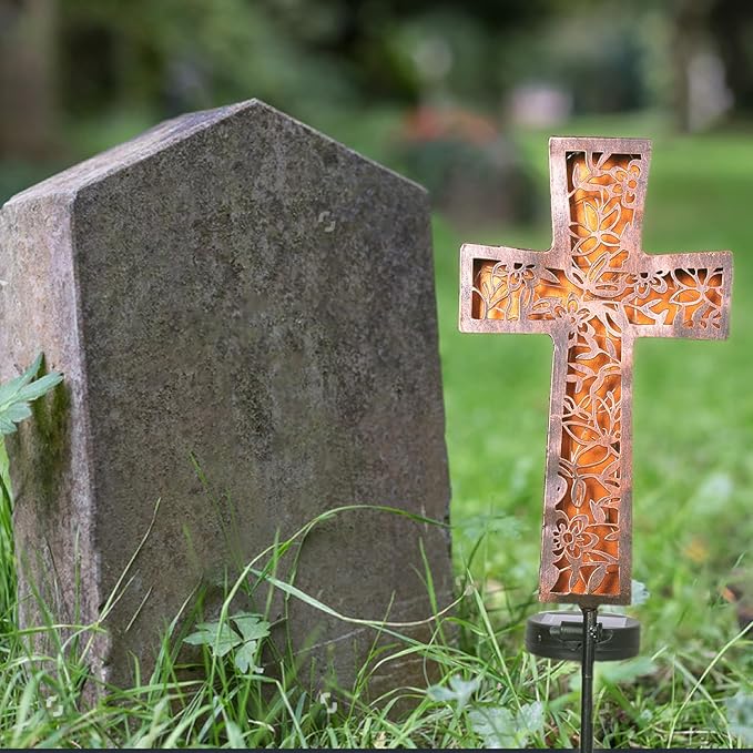 HUYIENO Solar Cross Garden Stake Lights 38inch Metal Outdoor Waterproof Memorial Garden Decor 2 Lighting Modes Cemetery Decorations for Grave for Remembrance Gifts & Sympathy Gifts
