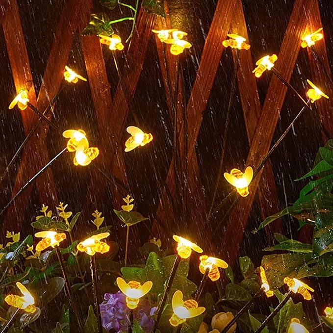 32 LED Spring Bee Garden Lights Solar Powered Honeybees Outdoor Decorations Swaying Lights Waterproof Solar Firefly Landscape Lights Warm Yellow for Pathway Yard Lawn Patio Walkway Courtyard(4Pack)