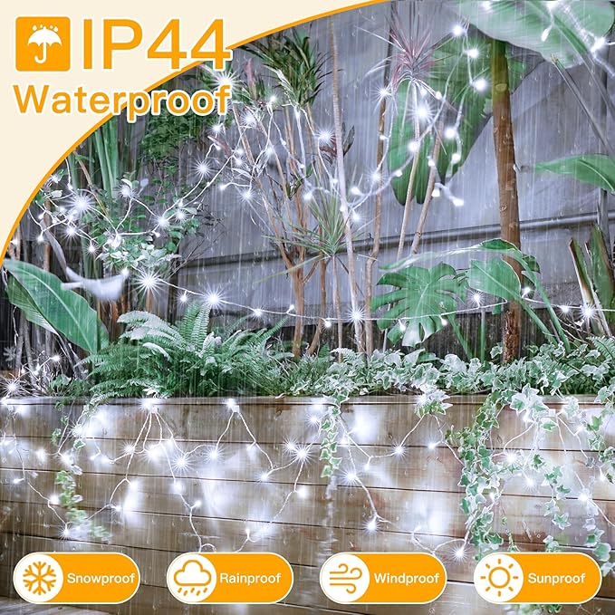 Ollny Outdoor String Lights 200LED 60FT, Cool White Connectable Plug in Fairy Light, 8 Modes Waterproof Timer Christmas Lights for Indoor Outside Bedroom House Party Wedding