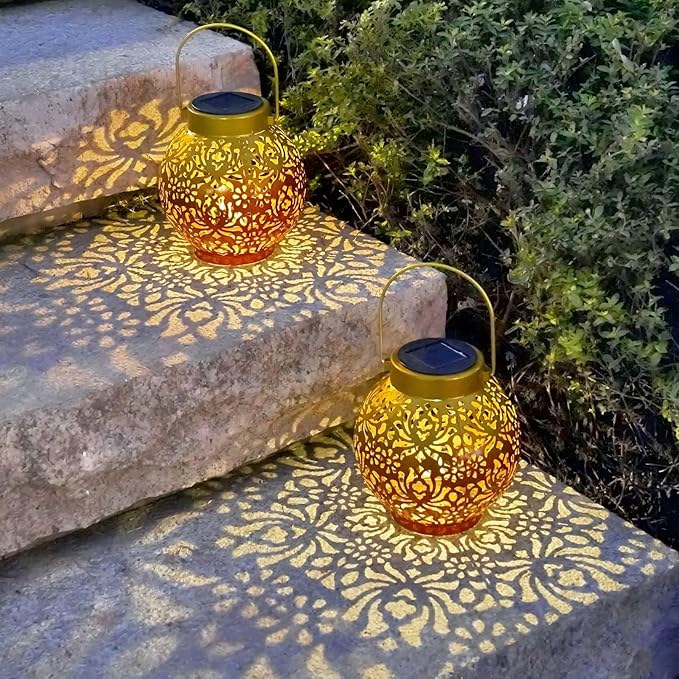 2 Pack Outdoor Solar Hanging Lantern Lights Metal LED Decorative Lamp for Garden Patio Courtyard Lawn and Table with Hollowed-Out Design (Sunset Blaze)