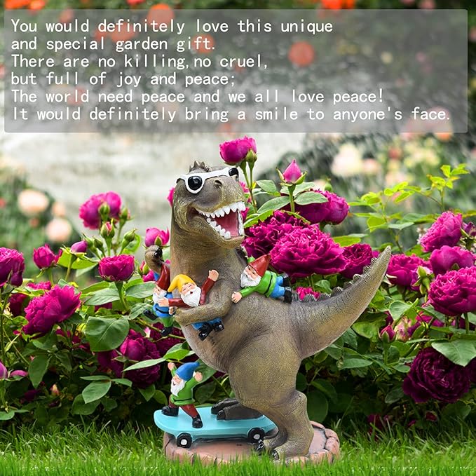 Garden Statue Outdoor Decoration, Cool Dinosaur Play Skateboard with Gnomes Figurines, Indoor Outdoor Decor Art for Patio Lawn Yard, Housewarming Garden Gift…