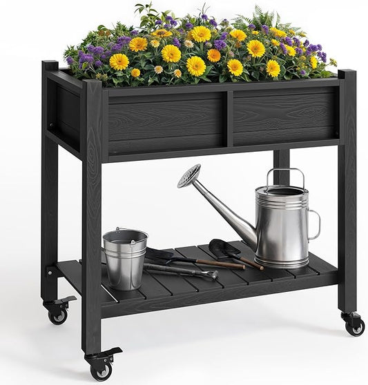 YITAHOME Raised Garden Bed, HIPS Poly Wood Elevated Planter Box with Shelf & Wheels for Mobility, Small Flower Box Stand for Patio Balcony Garden Backyard, Black