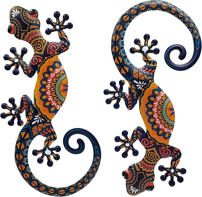 LIFFY Metal Lizard Gecko Wall Art - 2 Pack 15 Inch Metal Wall Decor, Lizard Outdoor Hanging Glass Sculpture Decoration for Yard Garden Art, Patio Fence Home, Unique Gift Ideas