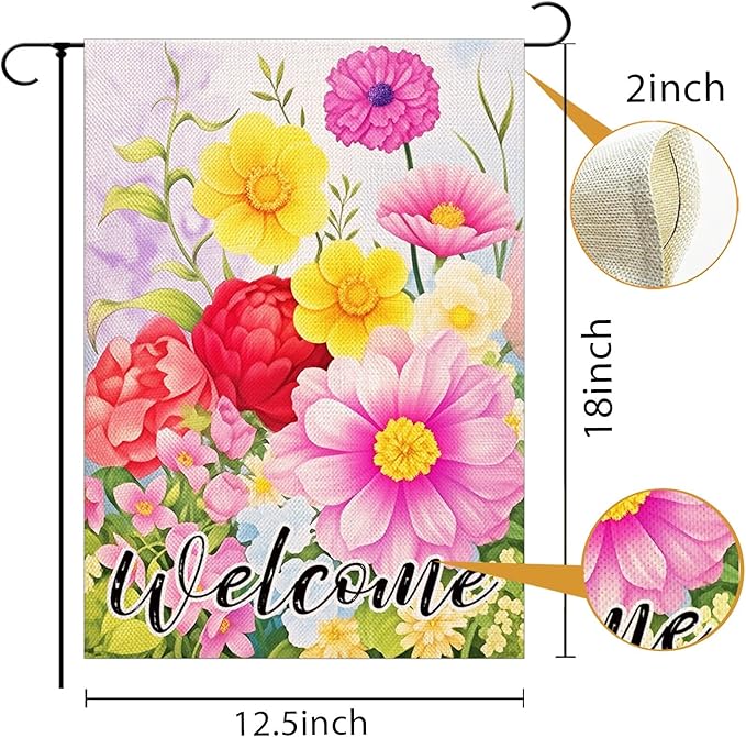 Welcome Spring Floral Garden Flags 12x18 Inch double sided,Seasonal Flowers Yard Holiday Outdoor Burlap Garden Farmhouse Decor