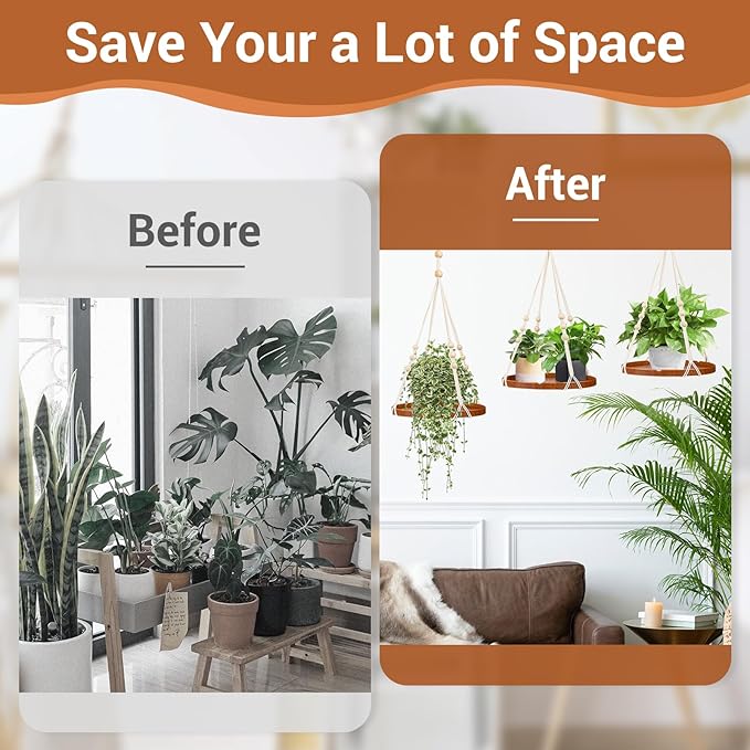 SUREAM Macrame Plant Shelf Hangers, Large Hanging Baskets for Plants with Flower CutOuts and Handmade Cotton, Indoor Outdoor Plant Hangers with Wood Tray for Garden Home Decor - No Plant/Pot Included