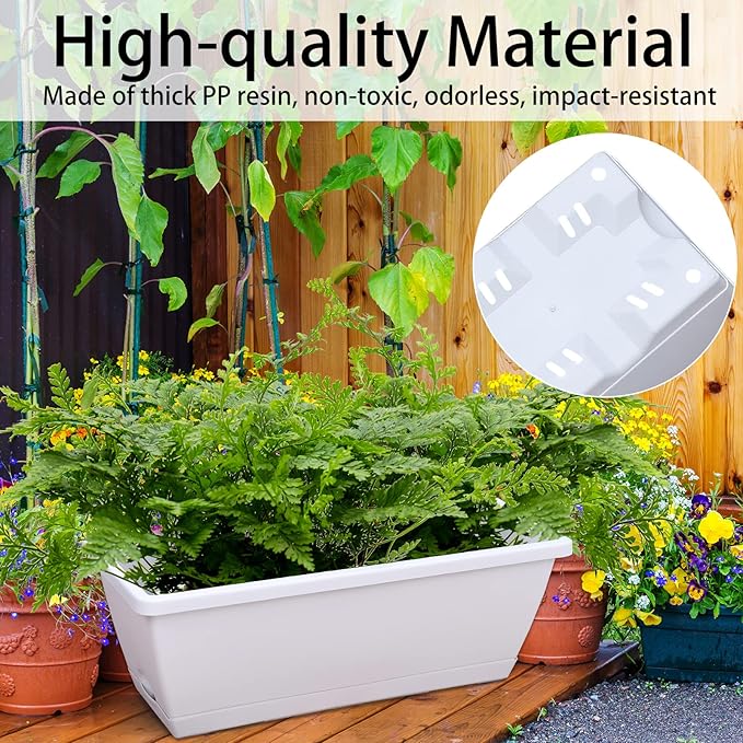 Window Box Planter, 7 Pack Plastic Vegetable Flower Planters Boxes 17 Inches Rectangular Flower Pots with Saucers for Indoor Outdoor Garden, Patio, Home Decor (White)