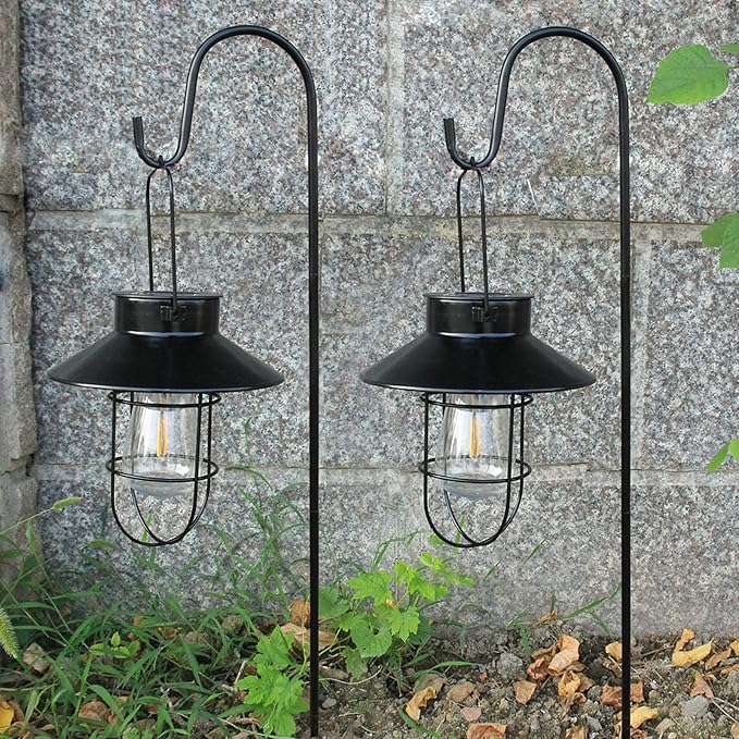 2 Pack Solar Lanterns ,Outdoor Waterproof Solar Lamp with Shepherd Hook, Metal Edison Bulb Lights Gifts for Gifts for Women/Mom Garden Outdoor Pathway Decor (Black)