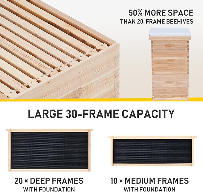 CREWORKS Bee Hive Boxes Starter Kit, 3 Layer Bee House Langstroth Beehive for Bees Keeping, Beekeeping Supplies with Plastic Queen Excluder and Nails (10 Medium and 20 Deep Frames)