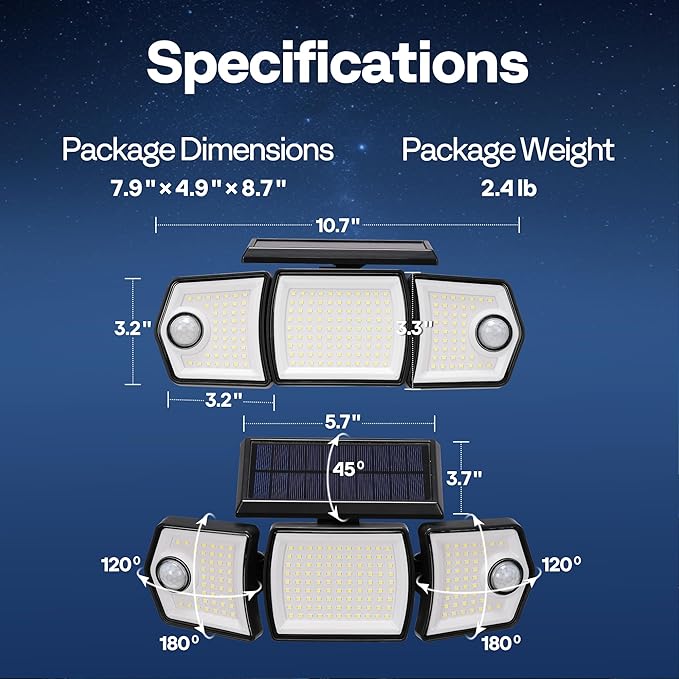 VIVOHOME Linkable Solar Lights Outdoor, Dual Roating Motion Sensor Flood Lights Solar Powered Security Light with 3 Heads, 2500LM, IP65 Waterproof for Outside, Yard, Garage, Wall, Patio, 2 Pack