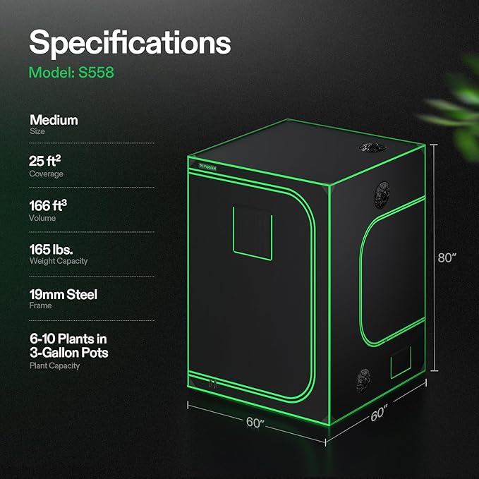 VIVOSUN S558 5x5 Grow Tent, 60"x60"x80" High Reflective Mylar with Observation Window and Floor Tray for Hydroponics Indoor Plant for VSF6450