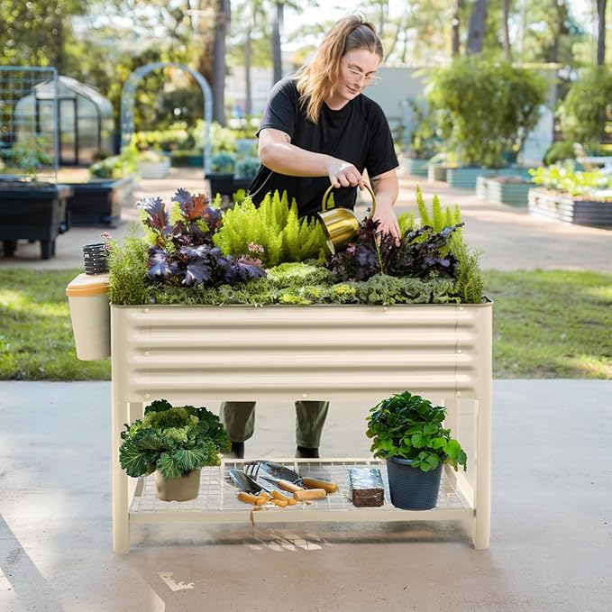 Elevated Raised Garden Bed-V Series, 2' x 8' Garden Beds with Legs & Storage Rack for Patio Porch, 1400 Lbs Weight Capacity, Outdoor Planter Boxes for Gardening Herbs Vegetables Flowers, Pearl White