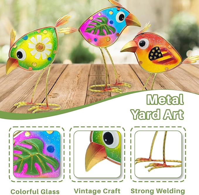 Birds Garden Decor for Outside: Metal & Glass Bird Yard Art, Craft Statue Lawn Ornaments for Outdoor, Housewarming Birthday Gifts for Women (3 PCS)