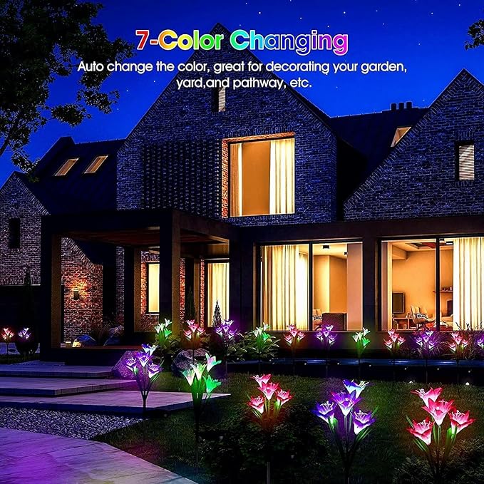 ANGMLN 6 Pack Solar Flowers Lights,24 Bigger Head Solar Lily Flowers, 7 Color Changing Pathway Lamps for Garden Patio Yard Party Wedding Holiday Outdoor Garden Stake Decoration (Purple2&White2&Pink2)