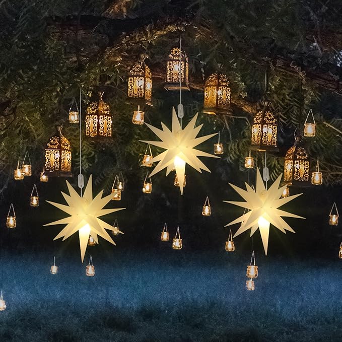 Kingdder 8 Pieces Moravian Star Light LED 3D Star Hanging Light Powered by Battery with Timer Function White Porch Lantern Holiday Decor for Indoor Outdoor Christmas Tree Balcony Courtyard (12 Inch)