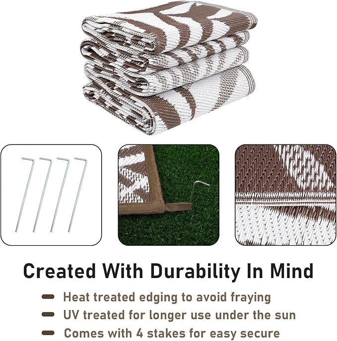 Outdoor Rug Waterproof for Patios Clearance, Reversible Outdoor Plastic Straw Rug Camping Carpet, Outside Floor Mats Large Area Rugs for RV,Patio,Deck,Porch,Beach,Balcony，10'x8',Brown&White