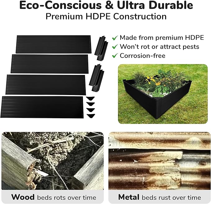 Raised Garden Bed - 4x4 ft Planter Box - Black HDPE - No Tools Needed - DIY Kit for Urban Gardening, Flowers, Herbs & Vegetables - Made in The USA