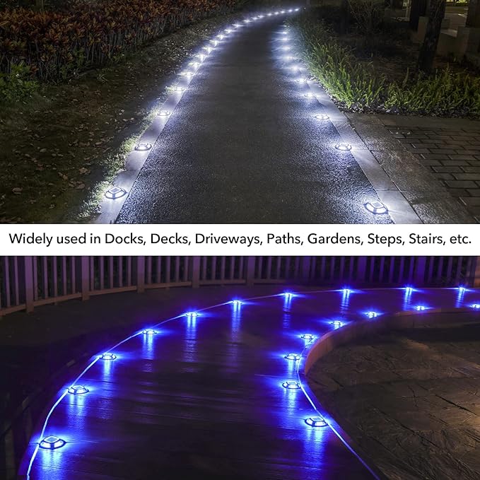 AGPTEK Solar Driveway Lights Outdoor 24 Pack, 2 Color Modes LED Deck Dock Marine Waterproof Security Marker Lights for Step Sidewalk Stair Garden Pathway Walkway Yard(Blue Light/Cool White)