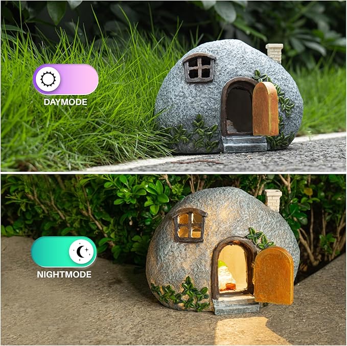mopha Garden House Statues, Funny Gnomes Fairy Garden Lights Figurine,Mini Gnome Resin Solar Powered Outdoor Decor Patio Yard Lawn Ornament Decoration