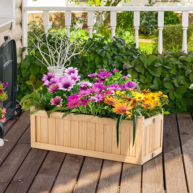 S AFSTAR Outdoor Wooden Planter Box, Folding Raised Garden Bed W/Drainage Hole, Patio Rectangle Plant Container for Flowers Vegetables Fruits Herbs, Collapsible Planting Box for Yard