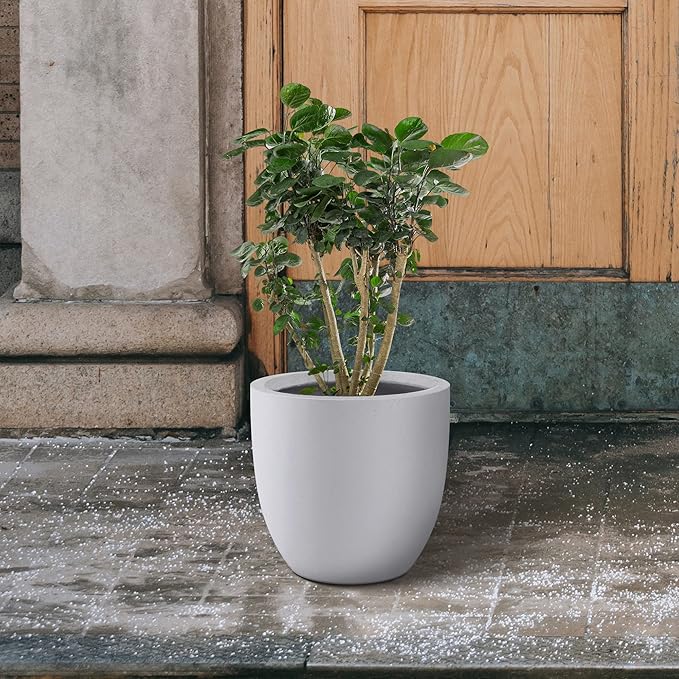 Kante 14 Inch Dia Round Concrete Planter, Indoor Outdoor Large Plant Pot with Drainage Hole and Rubber Plug for Home Patio Garden, Pure White