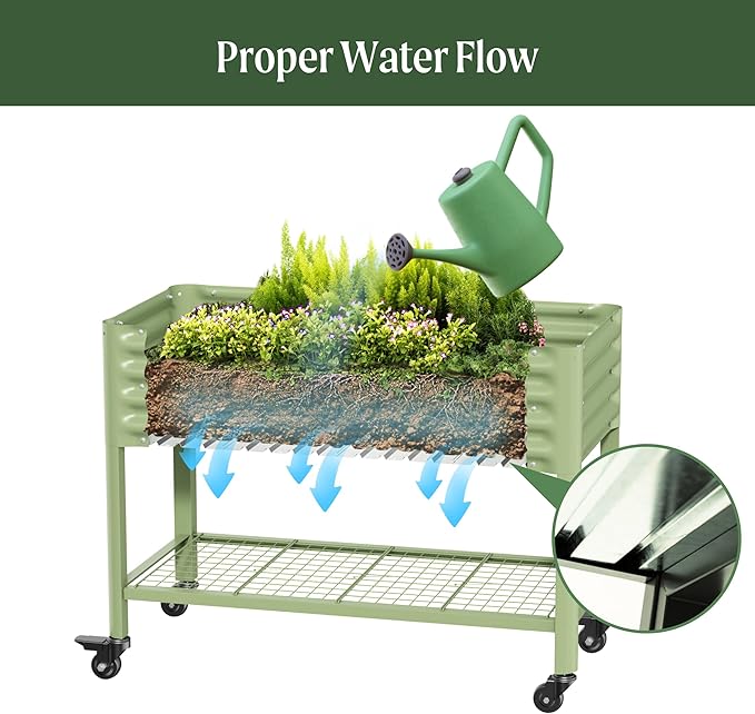 Rolling Elevated Raised Garden Bed-V Series, 2' x 8' Garden Beds with Legs & Storage Rack for Patio & Porch, 1400 Lbs Weight Capacity, Outdoor Planter Box for Vegetables Flower Herbs, Olive Green