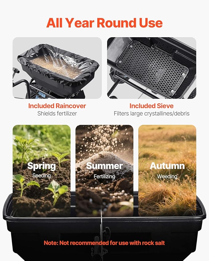 VEVOR Tow Behind Broadcast Spreader, 130LBS Capacity, Tow-Behind Lawn Spreader with 13 in Tires, 30 Adjustable Setting & 9.8 ft Spreading Width, Lawn Spreaders for Seed, Fertilizer, Salt, Ice Melt