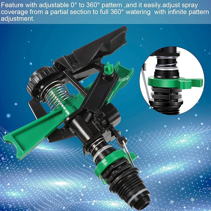 1/2 Inch Plastic Impact Sprinklers Adjustable 0 Degree to 360 Degree Pattern Plastic Sprinkler Head for Garden Watering Supplies (2 Pieces)