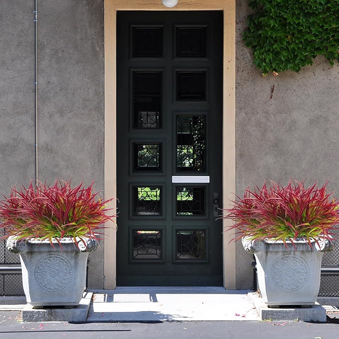 Uieke 28 Bundles Artificial Outdoor Plants UV Resistant Fake Grass Plants Faux Plastic Plants Greenery Shrubs for Home Garden Pathway Window Box Front Porch Summer Fall Decor, Deep Red