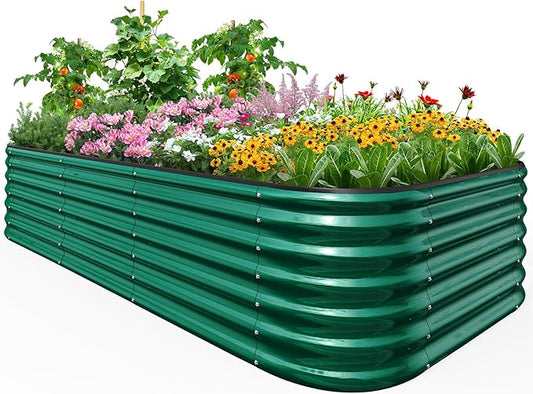 Quictent Galvanized Raised Garden Bed Kit, 8x4x2 ft Oval Metal Planter Box Tall for Vegetables Outdoor Backyard, Rubber Strip Edging Included (Dark Green)