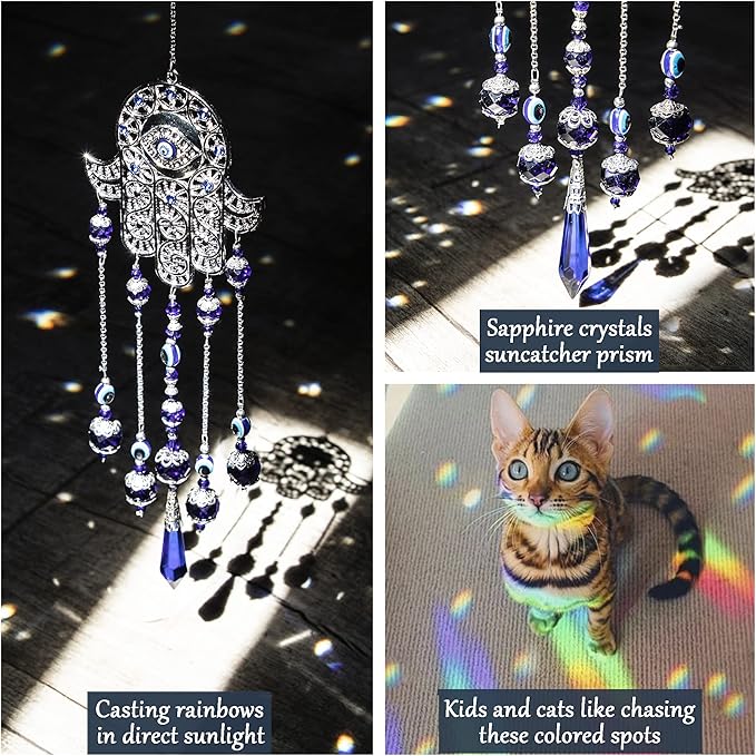 Crystal Prism Suncatcher Ornament with Hamsa Fatima Hand Protection Charm Turkish Greek Blue Evil Eye Sapphire Crystals Beads for Window Hanging Decoration