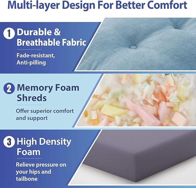 Chair Cushions for Dining Chairs, Dining Chair Cushions, Tufted Indoor Chair Pads with Ties & Non Slip Backing, Seat Cushions for Kitchen Chairs 16.5” x 16.5” x 3.5”, Set of 4, Light Blue