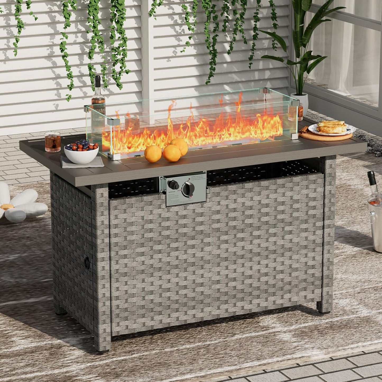 Propane Fire Pit Table Outdoor,44" 60000BTU Auto-Ignition Fire Table with Wind Guard Square Large Wicker Firepits for Porch Garden(Grey,CSA Certified)
