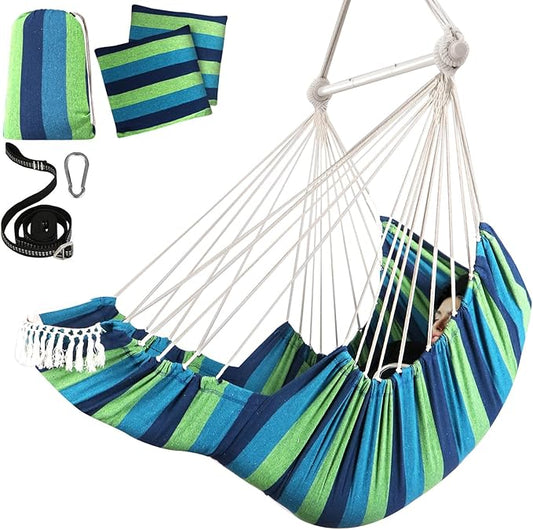 Chihee Hammock Chair Hanging Chair with Foot Rest 2 Cushions Max 500lbs Robust Metal Spreader Bar Collapsible Easy Storage Soft Cotton Swing Chair Strong Strap Iron Carabiner Side Pocket Included
