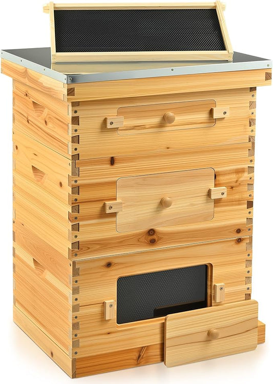 CREWORKS 10 Frame Bee Hive, 3 Layers Beeswax Coated Beehive Starter Kit with Frames & Foundations, Langstroth Bees Hives Box with Transparent Acrylic (Window Medium Box & 2 Deep Boxes)