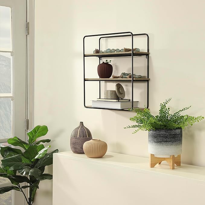 Sagebook Home 8" Planter on Stand - Ceramic Planter on Wooden Base - Contemporary Gray and White Textured Design Indoor or Outdoor Plant Stand Decor