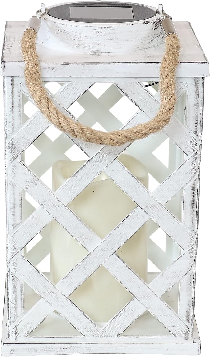 Sunnydaze Modern Crosshatch 9-Inch Solar LED Decorative Candle Lantern - Tabletop/Hanging Light - Set of 2 - White