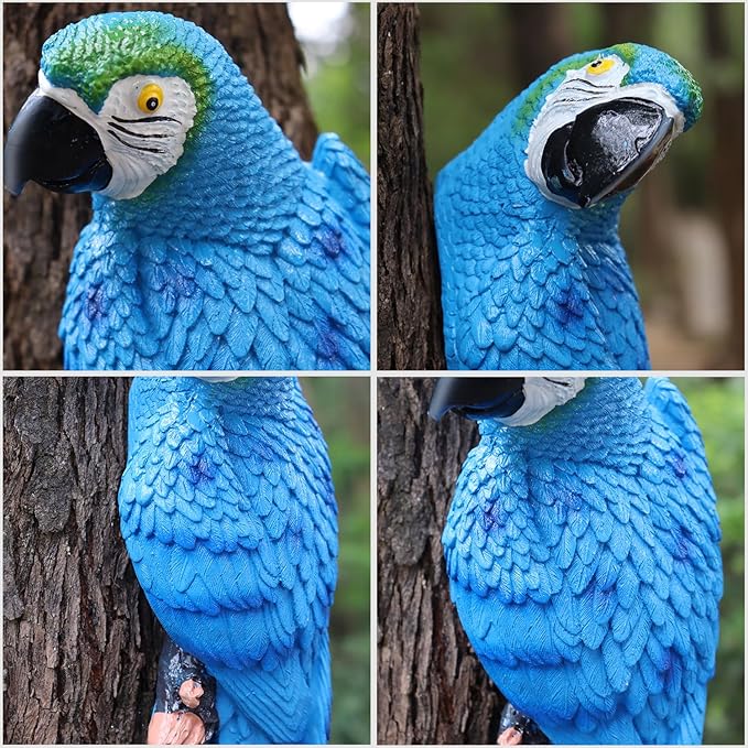 12inch Blue Parrot Tiki Bar Statue for Pool Decorations, Outdoor Parrot Deck Decor, Resin Plastic Parrot Sculpture for Porch, Life Size Tropical Birds for Yard, Tree Faces Animals(Blue)