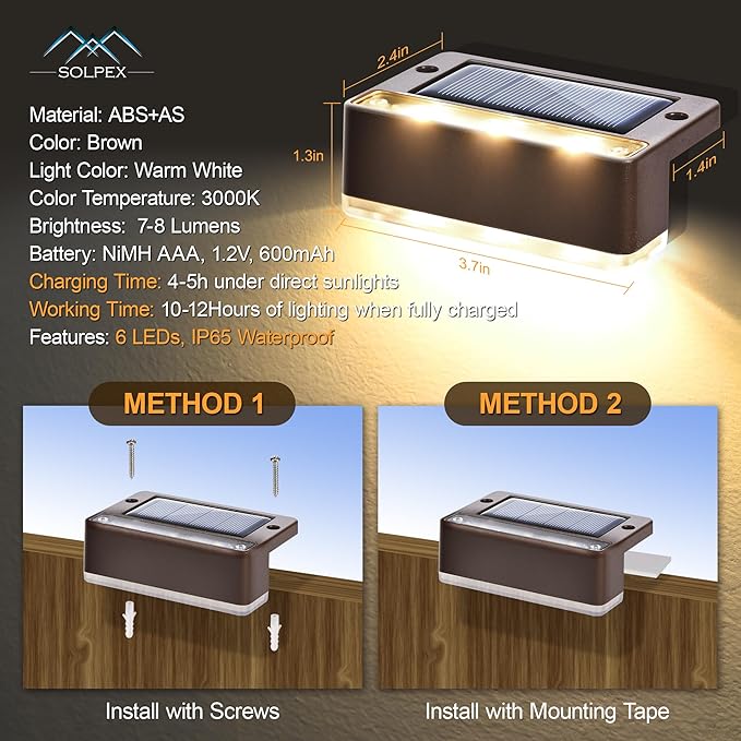 SOLPEX Solar Fence Lights, 6 LEDs Solar Lights Outdoor Waterproof Solar Powered for Deck, Stair, Front Porch, Balcony, Walkway, Garden, Yard, Patio, Pool Decor, IP65 Waterproof (16 Pack, Warm White)