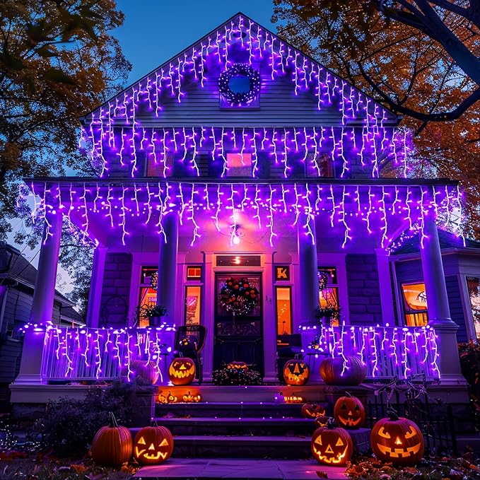 JMEXSUSS Purple Christmas Icicle Lights, 38.8 FT 400 LED Purple Icicle Lights Outdoor Waterproof, 8 Modes Purple Christmas Lights with 80 Drops Plug in for House Christmas Party Decorations