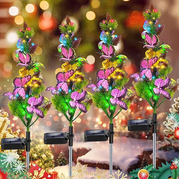 Solar Garden Lights Outdoor Waterproof Butterfly Stake Lights, 4 Pack Solar Lights Gifts for Mom Women Holiday Yard Front Porch Pathway Graveyard Cemetery Garden Patio Decor