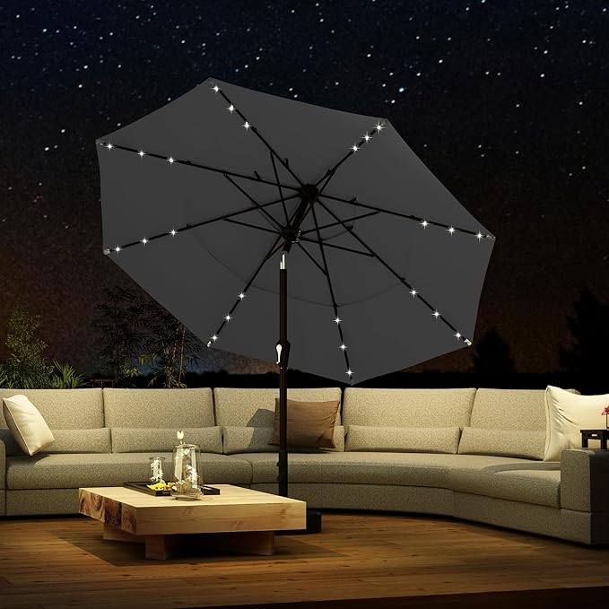 Kingdura 9ft 3-Tier Patio Umbrella with Solar Lights, Table Umbrella Outdoor Patio with Easy Crank & Tilt, 8 Sturdy Ribs, UV Protection, 32 LED Lights for Deck, Poolside, Market (Grey)