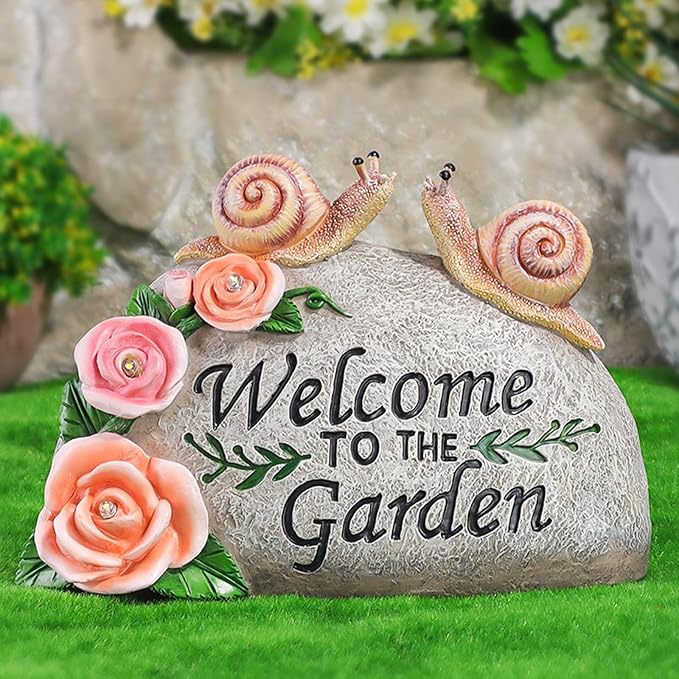 Snail Garden Statue Outdoor Decor Art Solar LED Light Welcome Sign Sculpture Auspicious Snail Resin Figurine Yard Porch Patio Lawn Decorations Housewarming Gifts for Mom Grandma Women