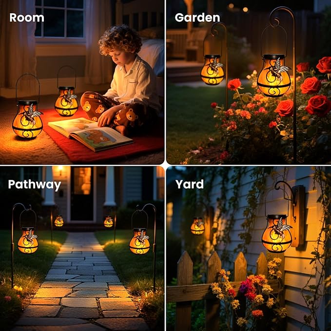 Solar Lights Outdoor Decorative, Hummingbird Flickering Flame Lantern Waterproof, Garden Decor Hanging Lights for Outside Patio Pathway Yard, Christmas Birthday Gifts, 2 Pack