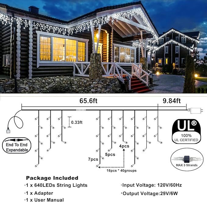 Christmas Icicle Lights Outdoor, 640 LED 66FT Icicle Lights for Outside with 8 Modes Timers, Waterproof Plug in Connectable String Light for House Roof Garden Party Wedding Decorations, White