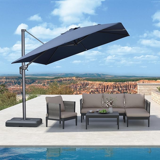 PURPLE LEAF 9 FT Cantilever Patio Umbrella Outdoor Aluminum Offset Square Umbrella with 3 Years Fade Resistance Recycled Fabric and 360-degree Rotation for Deck Pool Garden,Ocean Slate