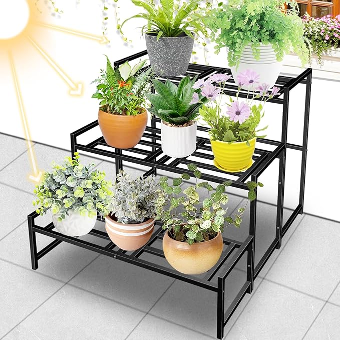 Plant Stand Indoor Outdoor, 3-Tier Wrought Iron Plant Stands, Stackable Metal Plant Shelf Decorative Outdoor Flower Stand Heavy Duty Pedestal Stands for Garden Deck Living Room, Black